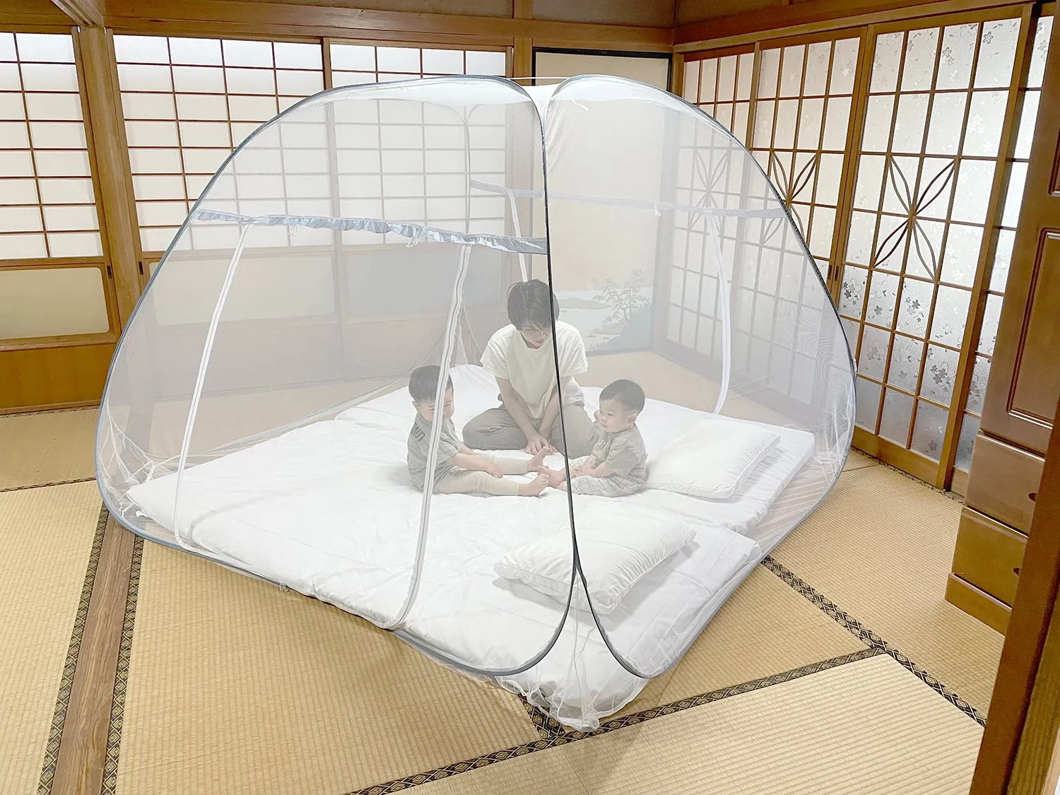 蚊帳の中で遊ぶペット