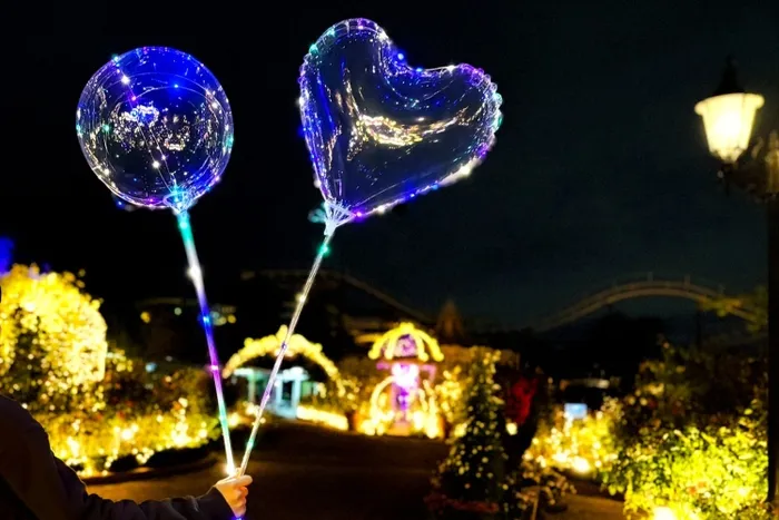 夜の公園で、光る風船を持っている人の写真です。風船は丸い形とハートの形をしており、どちらもLEDライトで装飾されています。背景には、ライトアップされた建物や植物、街灯が見える。