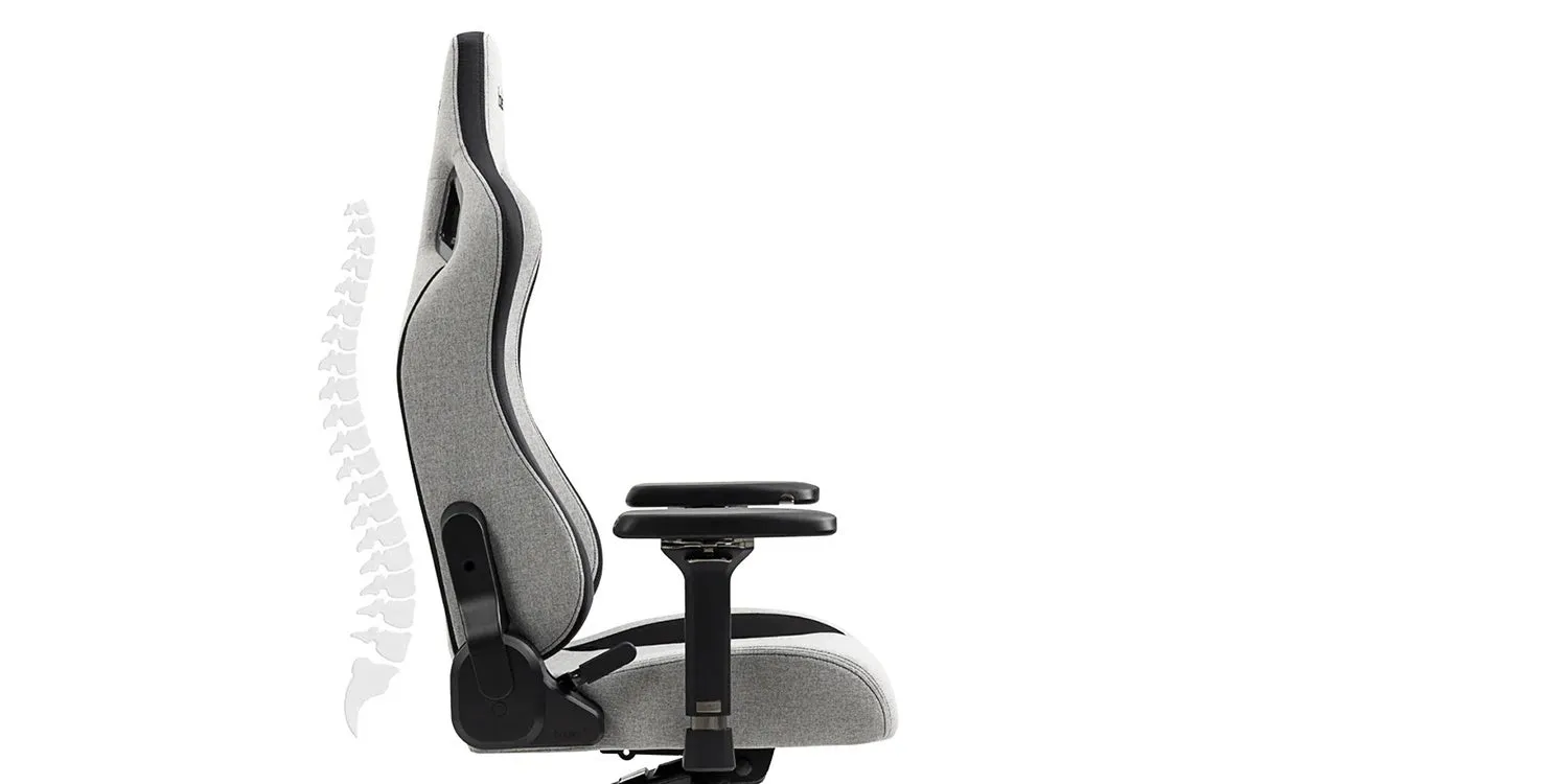 ゲーミングチェアの側面図、S字型背もたれと脊椎サポート