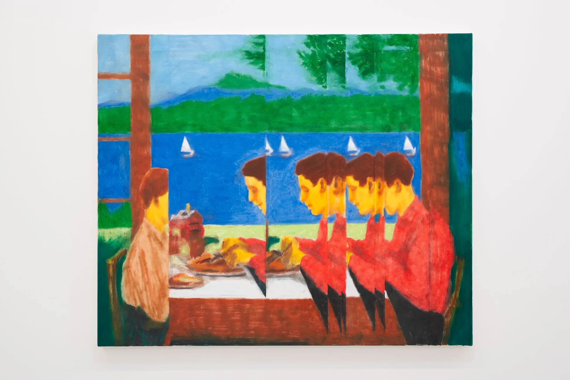 窓から見える湖畔、人、ヨット