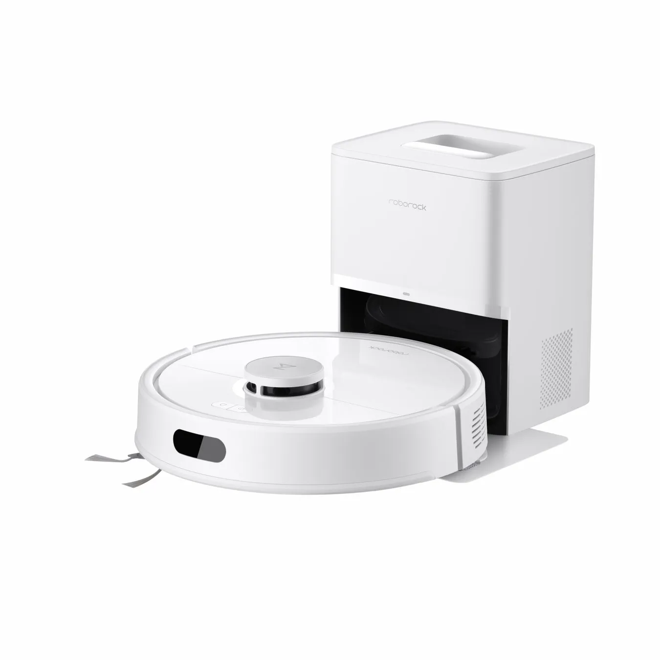 白いロボット掃除機とその充電ステーションの画像です。