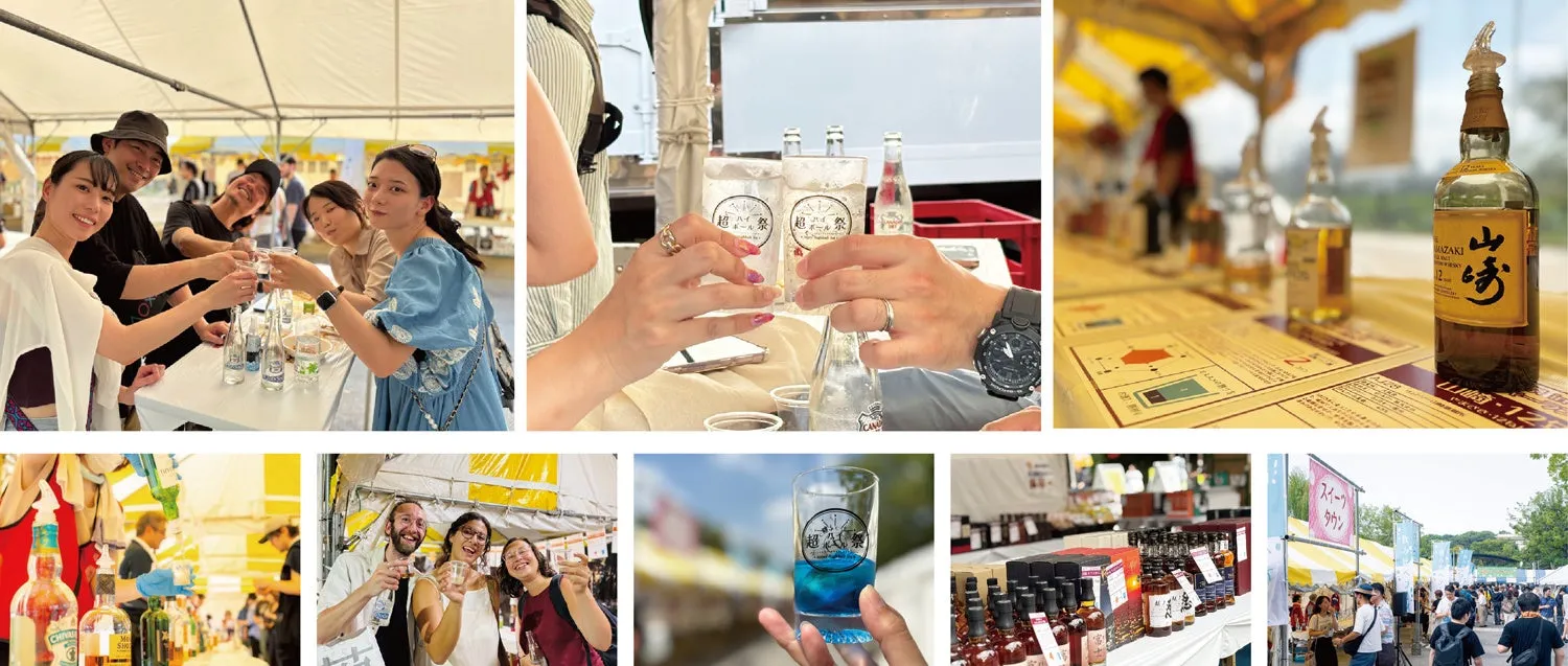 お酒のイベントの様子。様々な種類のお酒が並び、人々が楽しそうに飲み物を楽しんでいます。