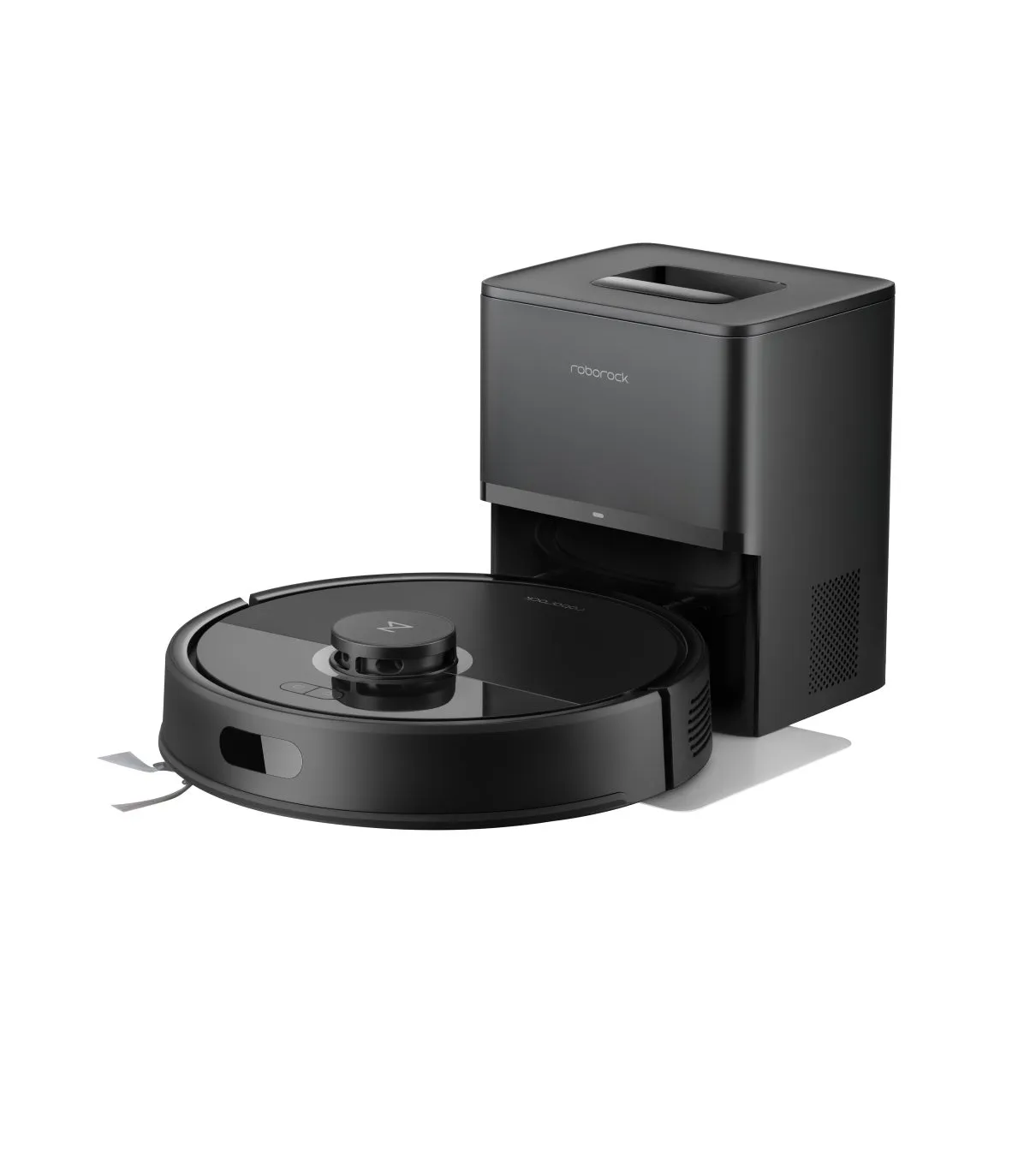 黒いロボット掃除機と充電ドックの画像です。