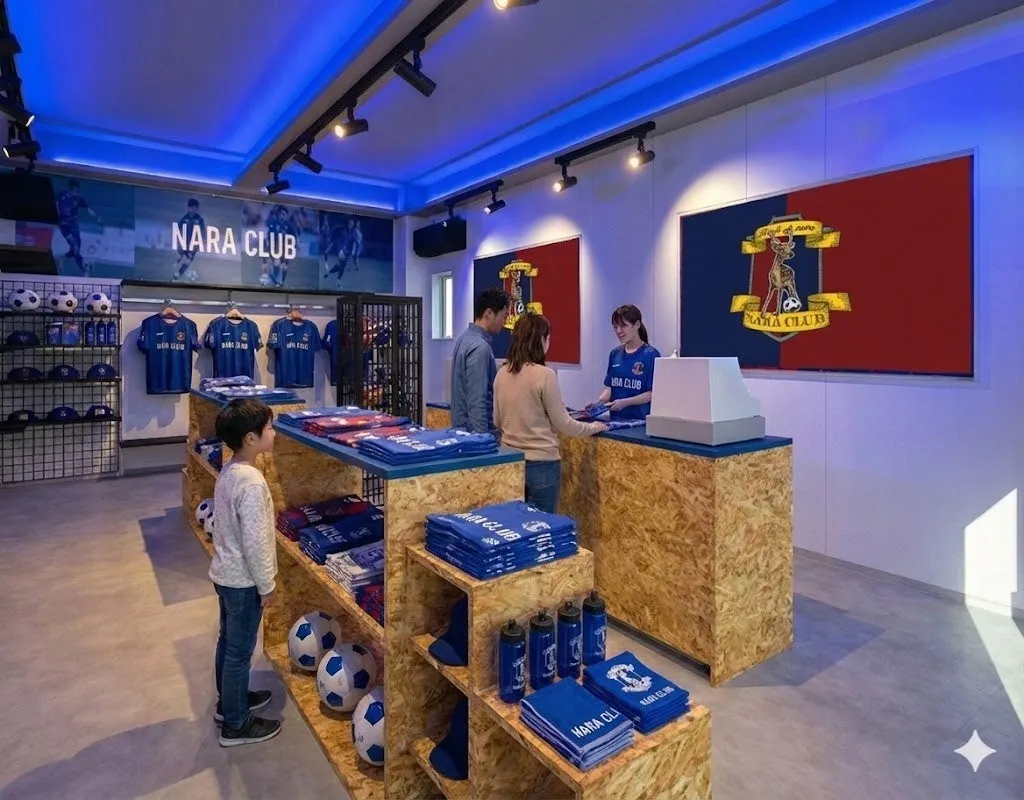 NARA CLUBの公式グッズショップの様子。青い照明が特徴的な店内で、ユニフォームやタオルなどのグッズが陳列されており、来店客が買い物を楽しんでいます。レジでスタッフと話す人や、商品を眺める子供の姿が見えます。