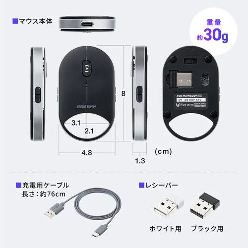 ワイヤレスマウスの製品画像です。マウス本体、充電ケーブル、レシーバー、マウスの寸法、重量が示されています。