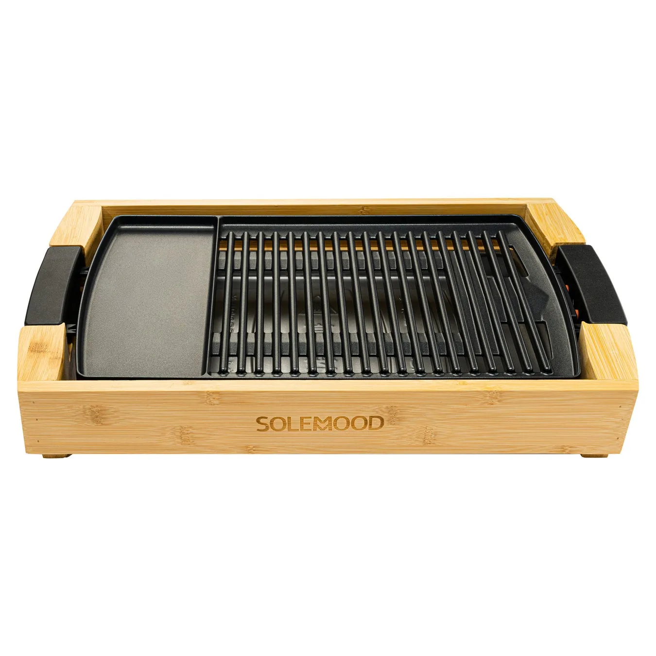 木製のフレームに収められた電気グリル。グリル部分は黒色の鉄格子状で、左側には平らな調理面がある。