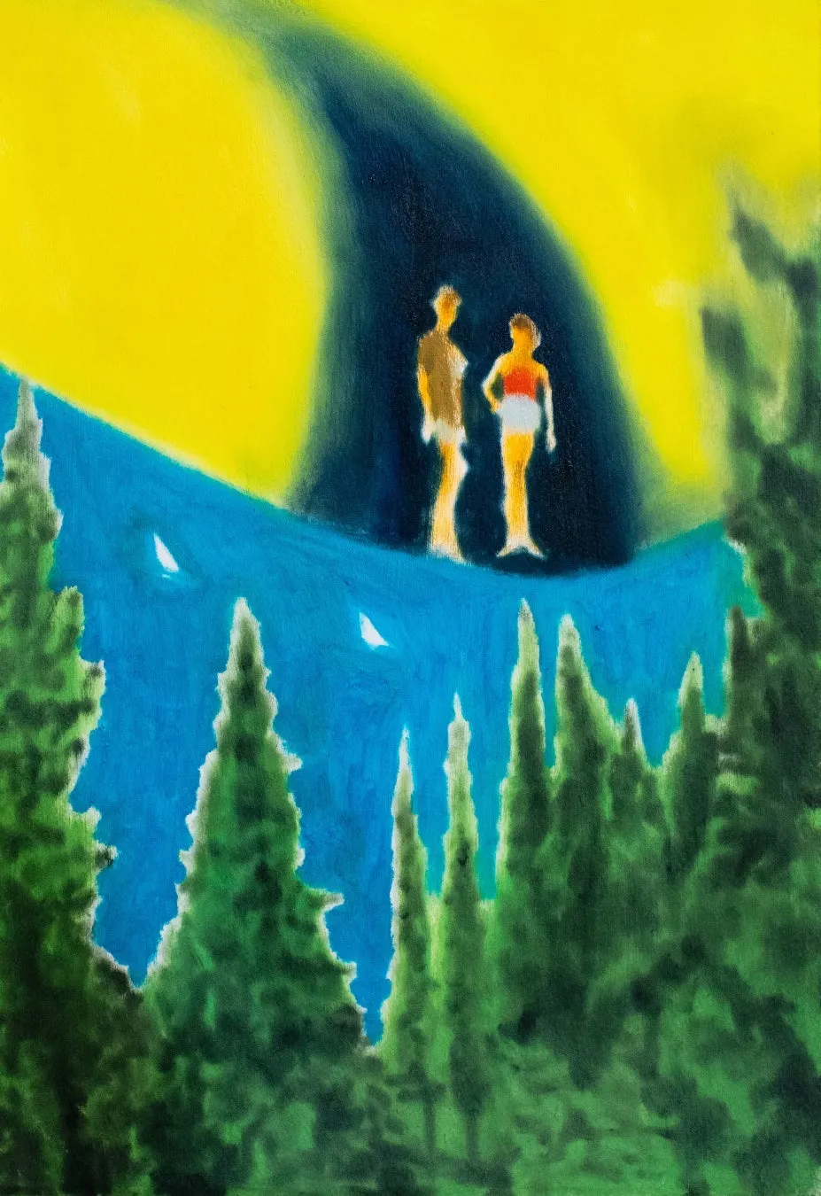 2人の人物が立っている絵画、黄色と青色の背景、木々
