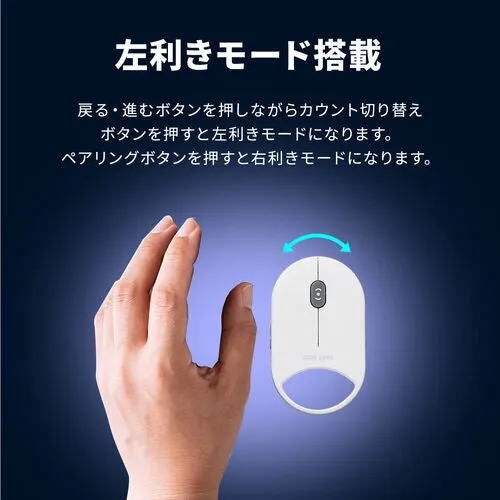 左利きモード搭載のワイヤレスマウスの画像。マウスの操作方法が説明されており、左利きモードと右利きモードの切り替え方法が示されています。