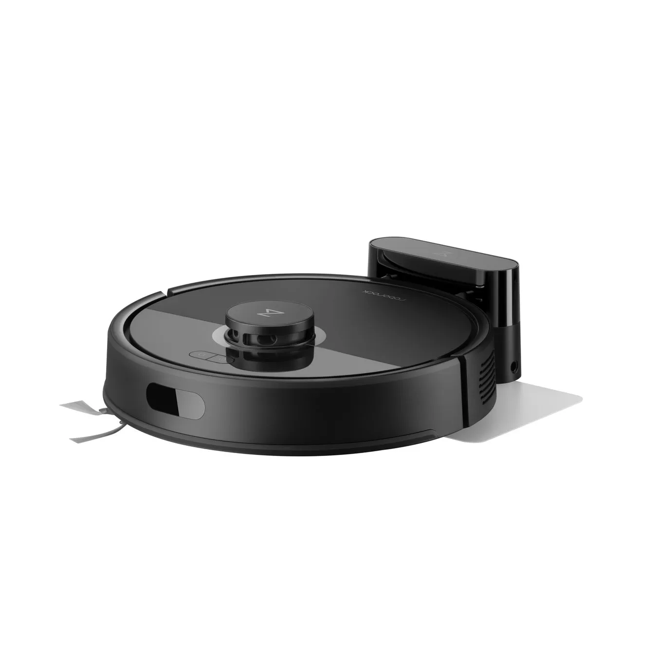 黒色のロボット掃除機が白背景に置かれています。