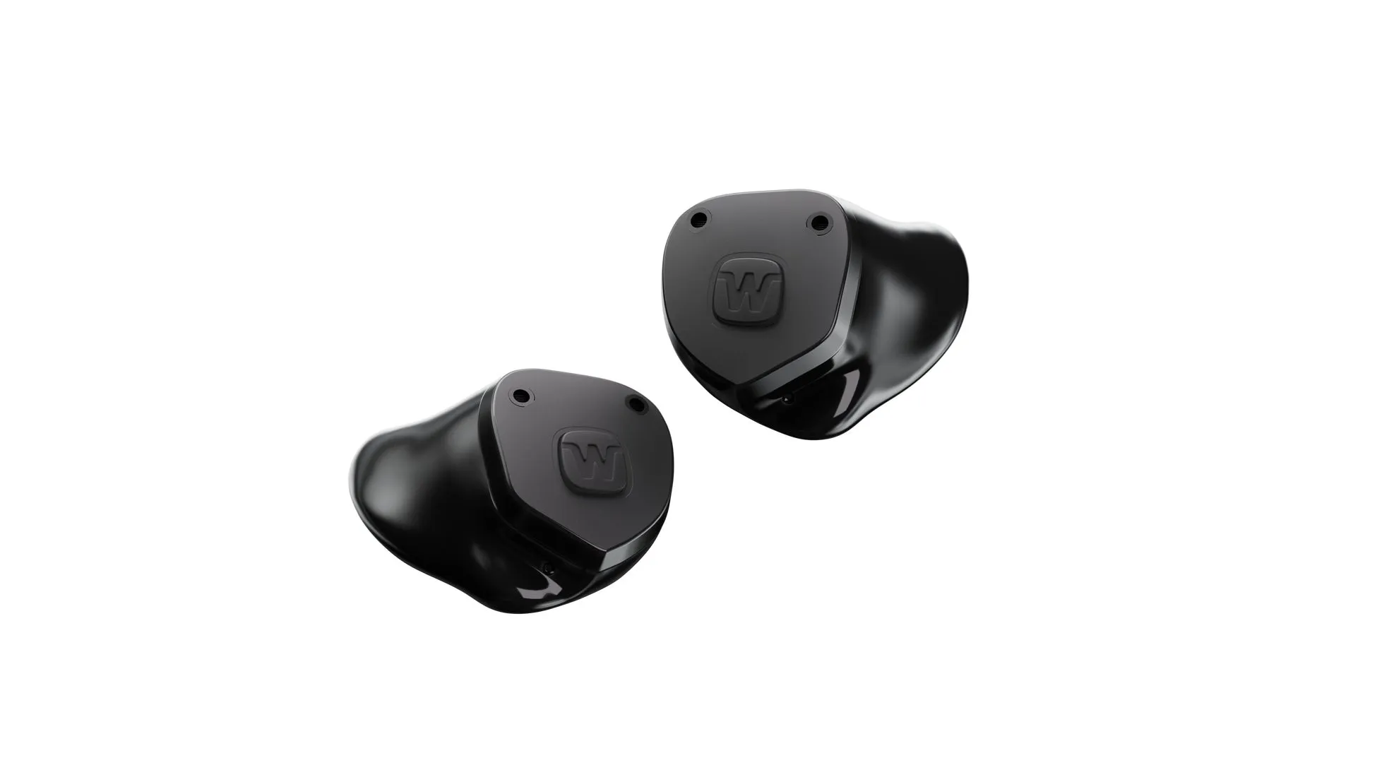 黒色のイヤホンが2つ並んだ画像。イヤホンには「W」のロゴが入っている。