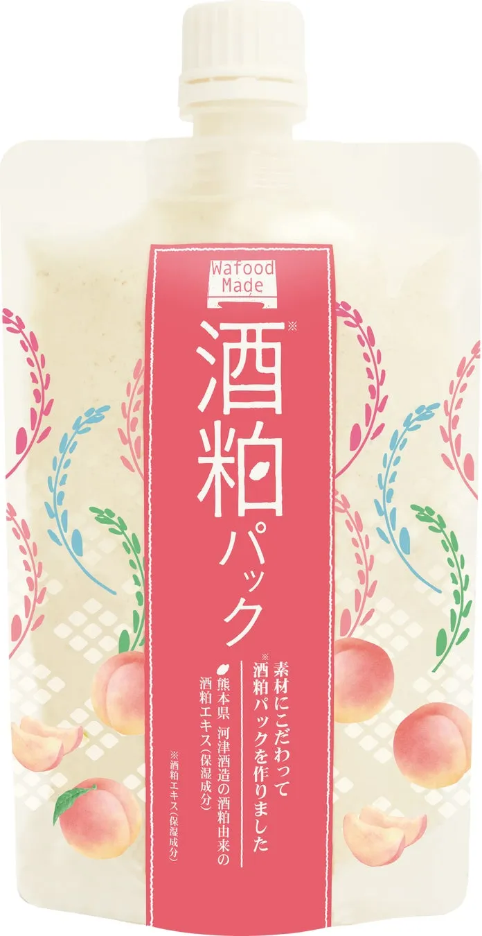 酒粕パックの製品パッケージ。桃のイラストと筆文字で商品名が記されています。
