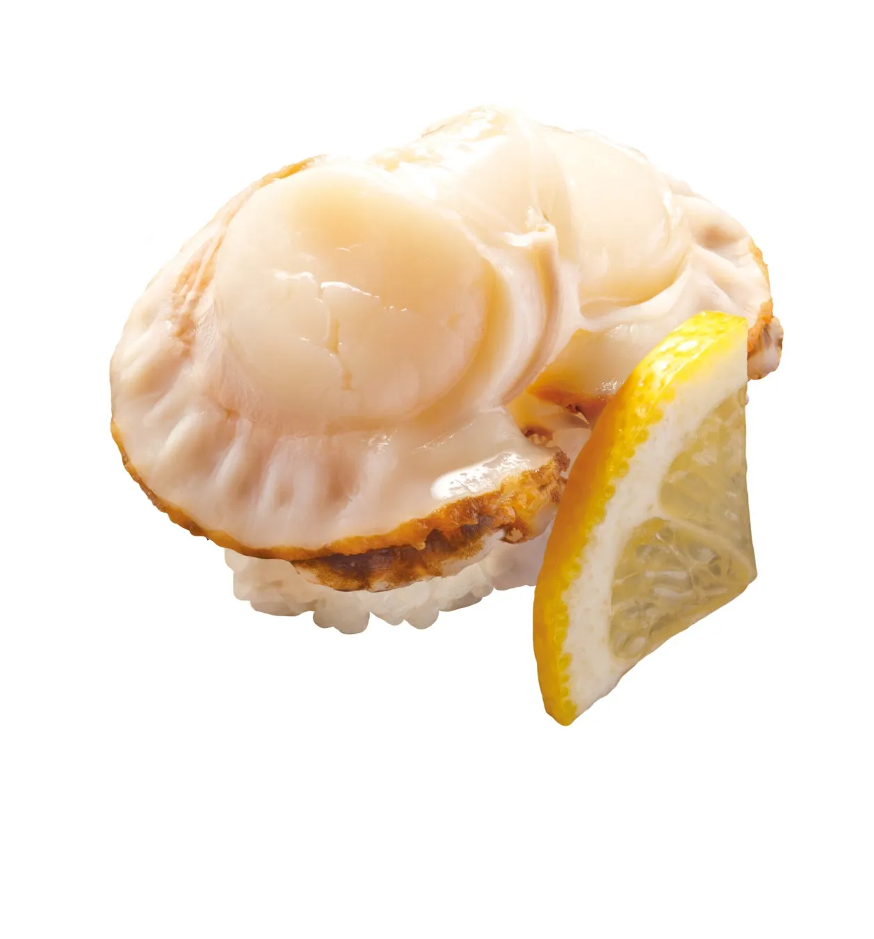 ホタテの握り寿司とレモンの写真です。