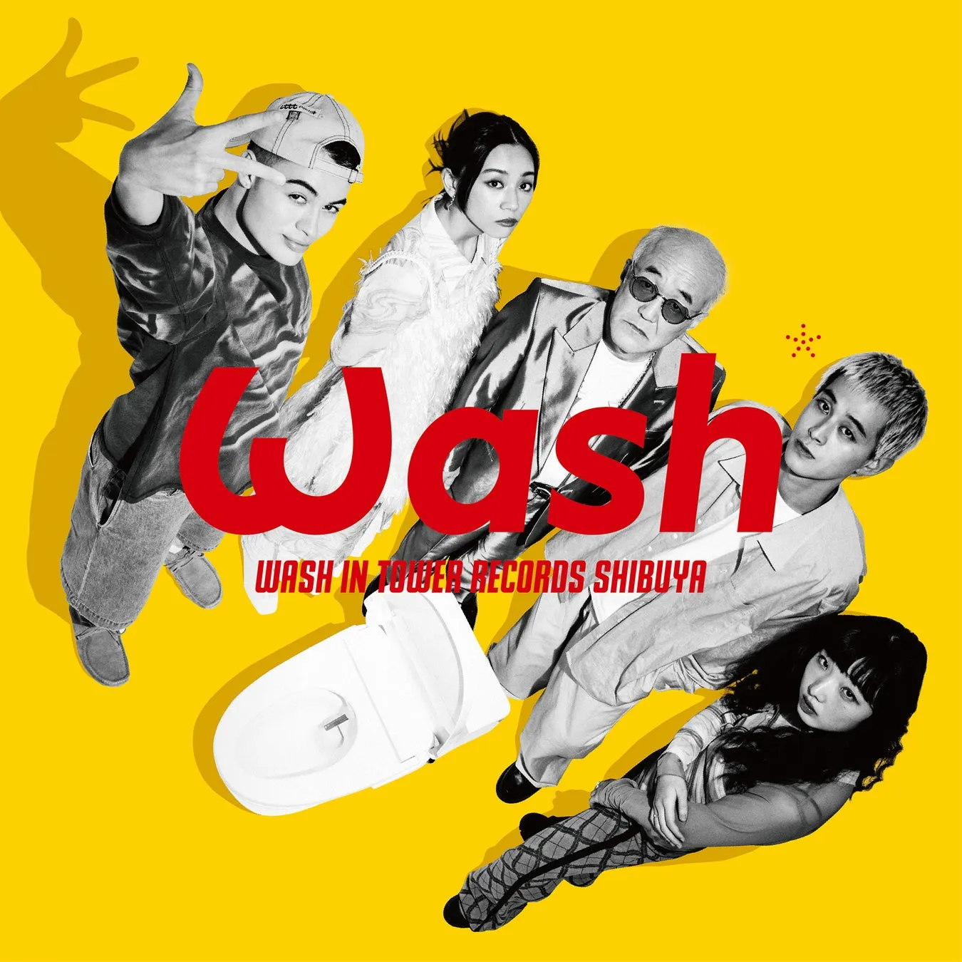 黄色い背景に5人の人物と「Wash」のロゴが大きく配置されたステッカー。