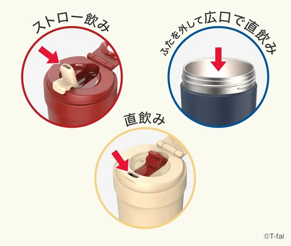 タンブラーの飲み方を示す画像。ストロー飲み、蓋を外しての直飲み、直接飲む方法が示されている。