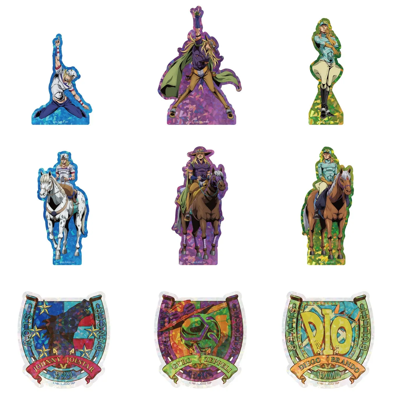 ジョジョの奇妙な冒険の登場人物のグッズの画像。ジョニー・ジョースター、ジャイロ・ツェペリ、ディエゴ・ブランドーなどのキャラクターが描かれている。