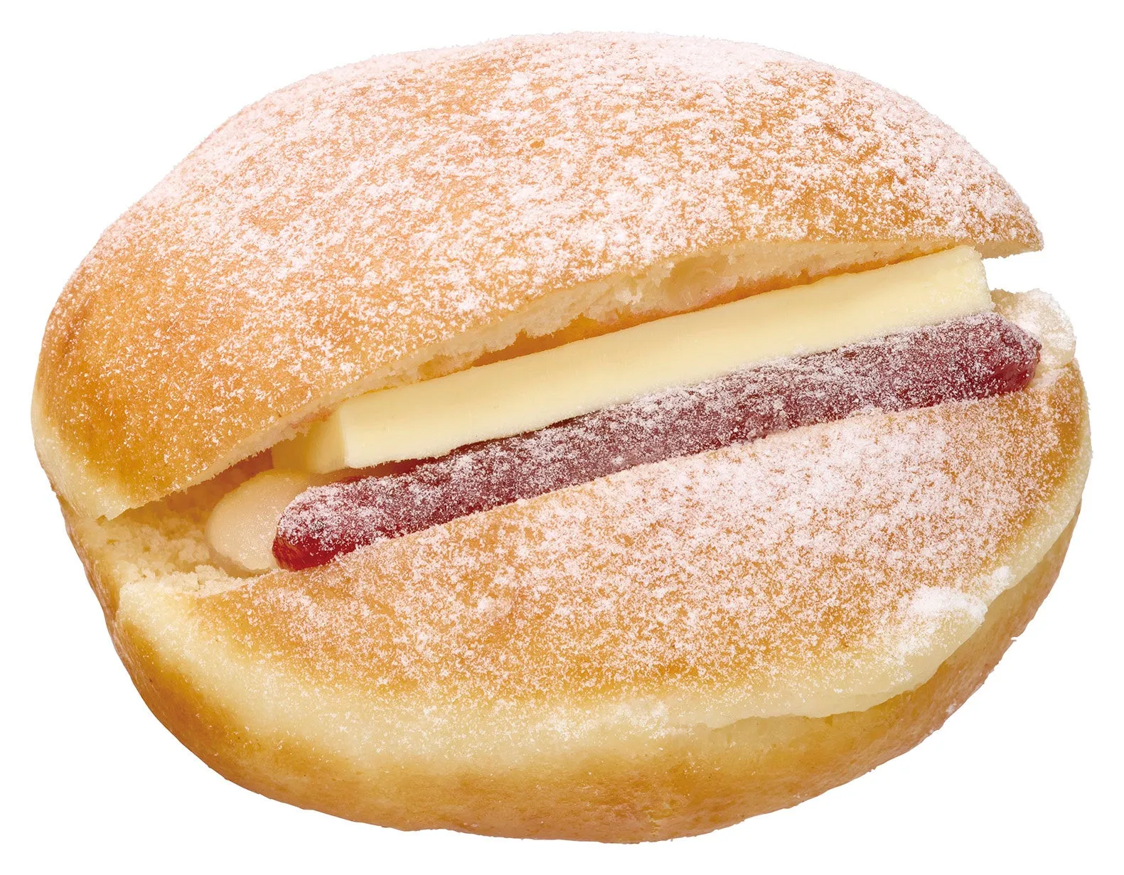 ドーナツの中にバターとジャムが挟まれた食べ物の写真です。