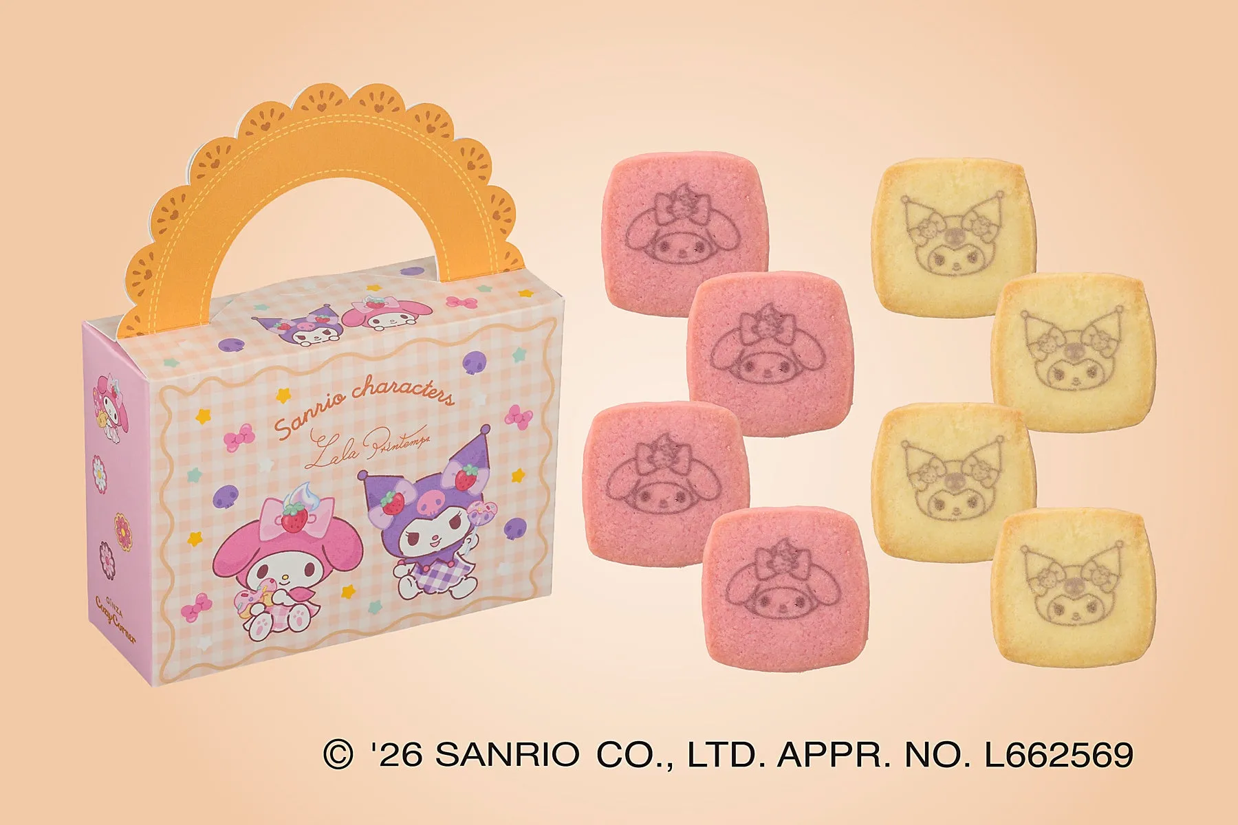 サンリオキャラクターズのクッキーが入った箱とクッキーの画像。箱にはマイメロディとクロミのイラストが描かれており、クッキーにもマイメロディの顔がプリントされている。