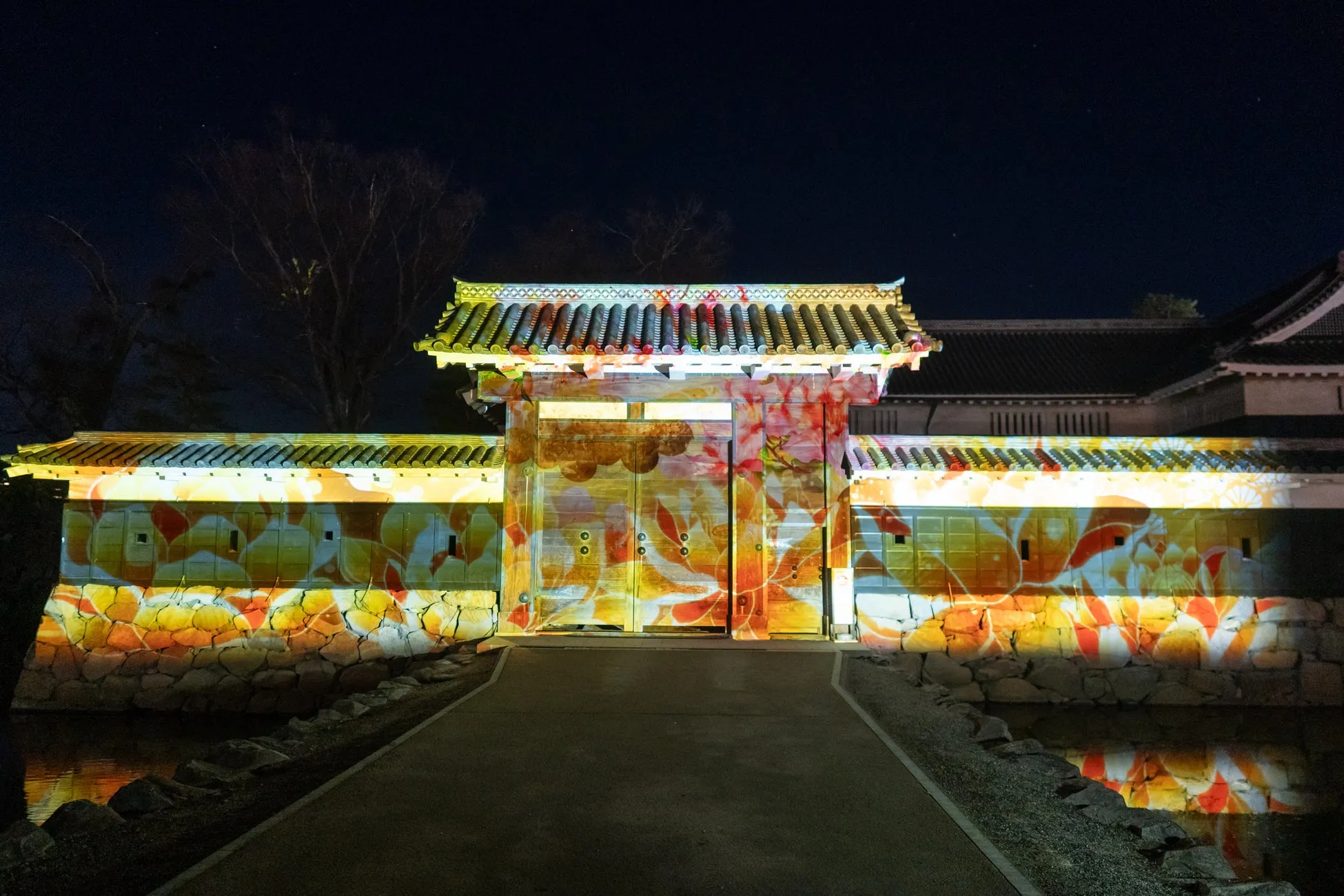 夜の城壁にプロジェクションマッピングが施された写真。鮮やかな花模様が壁や門に映し出され、幻想的な雰囲気を醸し出している。