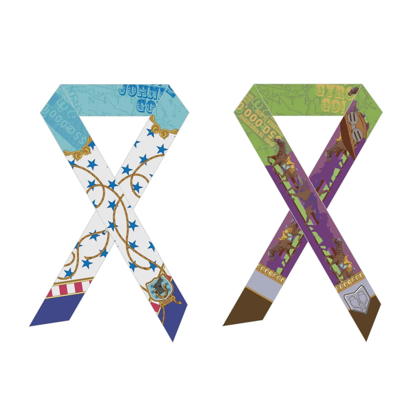 2つのスカーフが重ねて描かれたイラスト。左のスカーフは白地に青い星とロープ模様、青と赤のラインが特徴。右のスカーフは緑と紫を基調とし、馬のイラストが描かれている。