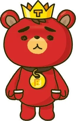 王冠をかぶった赤い熊のキャラクター「TB」のイラスト