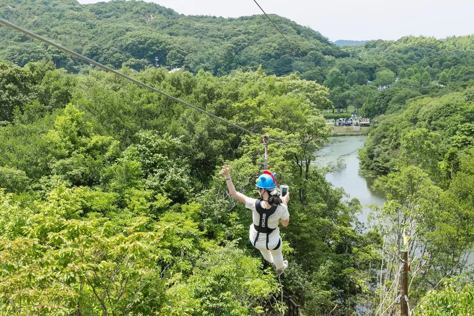 ジップラインで絶景を楽しむ様子