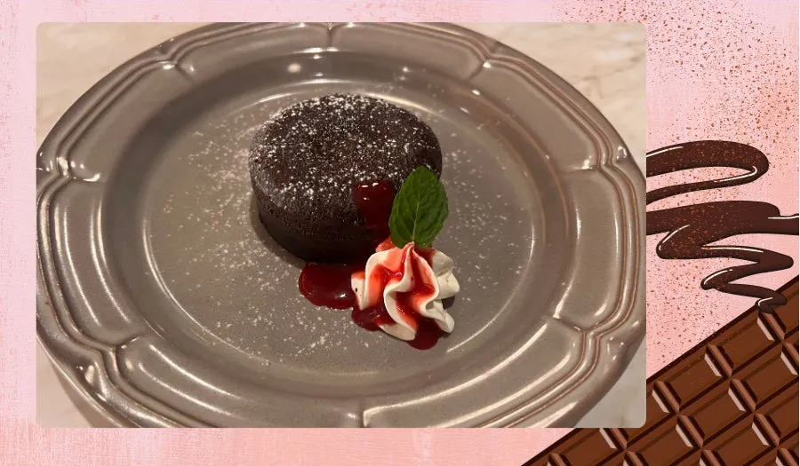 お皿に盛られたチョコレートケーキ。粉砂糖がかかっており、ホイップクリームとソース、ミントが添えられている。