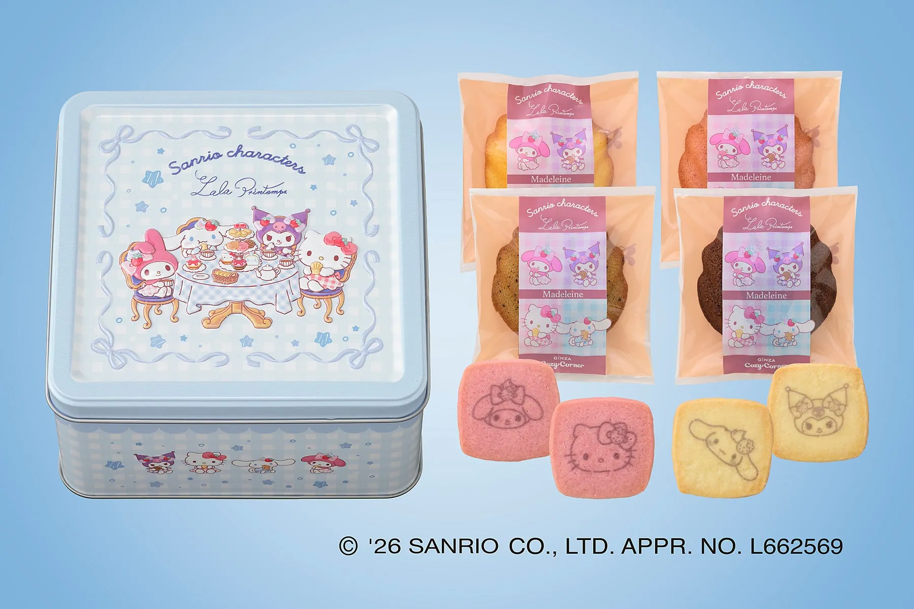 サンリオキャラクターズのクッキー缶とマドレーヌ、クッキーのセット。缶にはキャラクターたちが描かれ、個包装のマドレーヌやクッキーにもキャラクターのイラストがプリントされている。