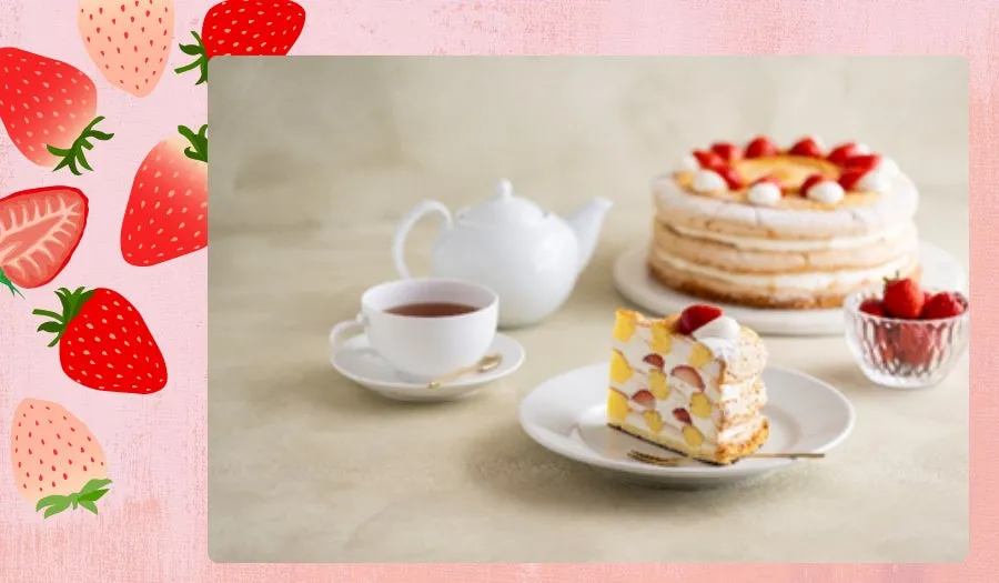 いちごのケーキと紅茶の画像です。