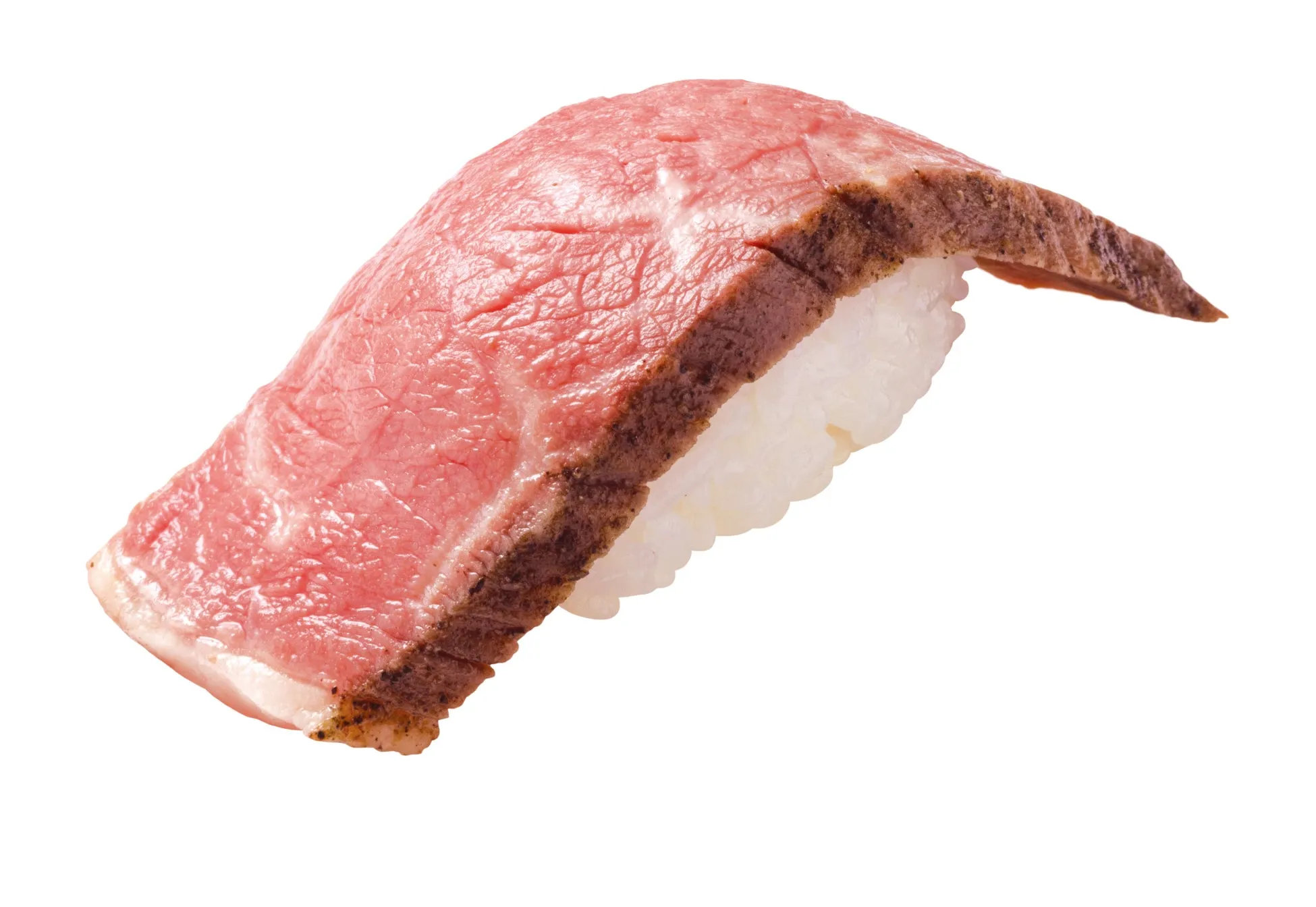 牛肉の握り寿司のクローズアップ写真。白い背景に配置されています。