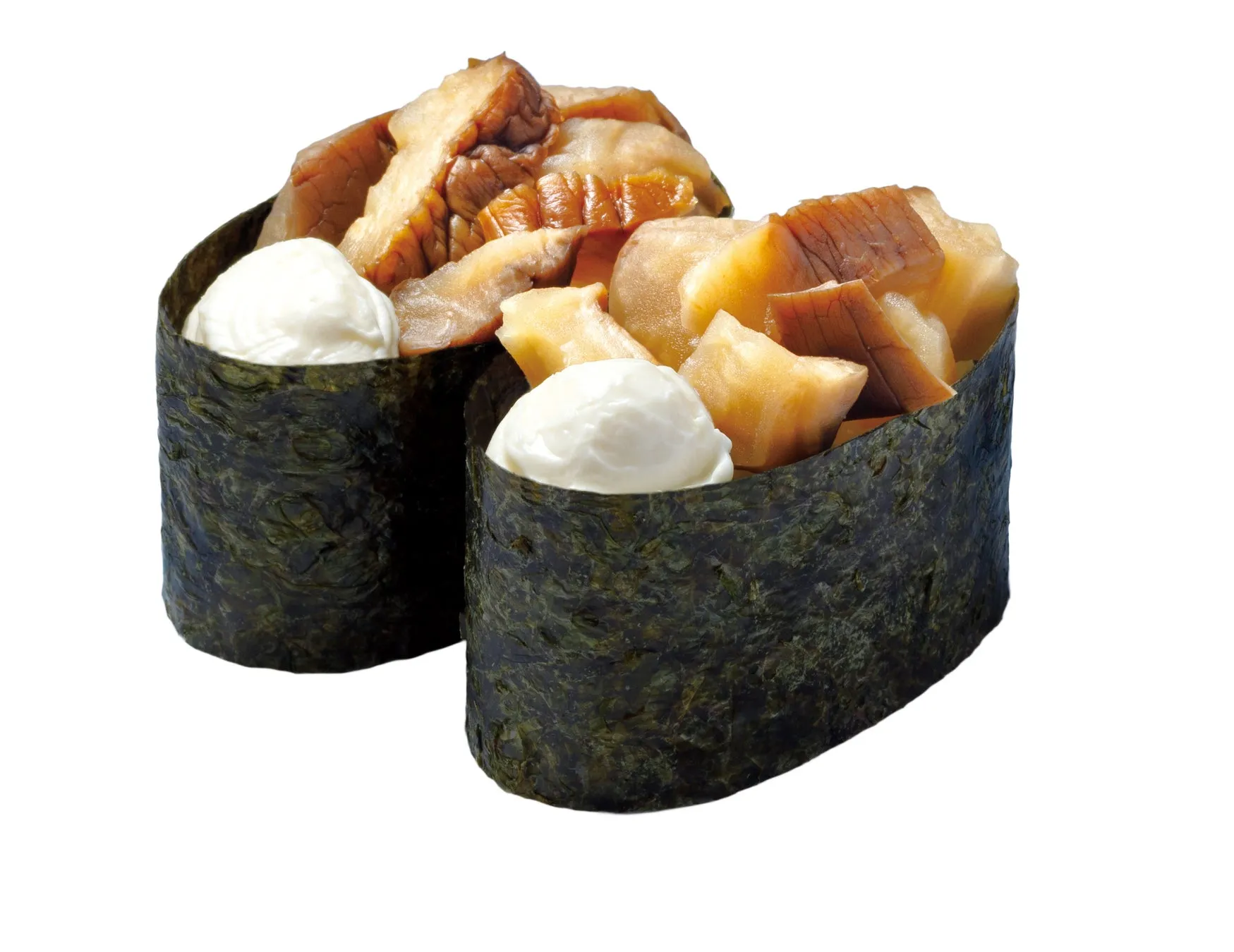 海苔で巻かれた寿司が2つ並んでいる。具材は茶色っぽいものと白いものが見える。