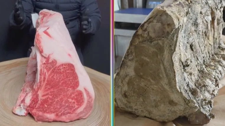 2つの異なるステーキの画像：左は生肉のステーキ、右は乾燥熟成されたステーキ。