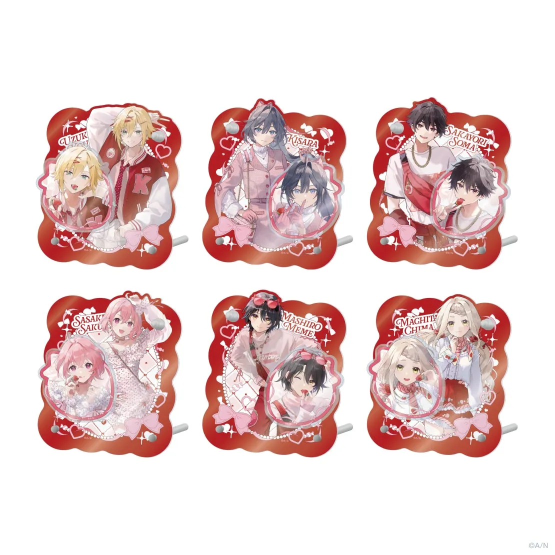 6人のキャラクターが描かれたハート型のグッズのイラスト。各キャラクターは、名前と共にかわいらしいデザインで表現されています.
