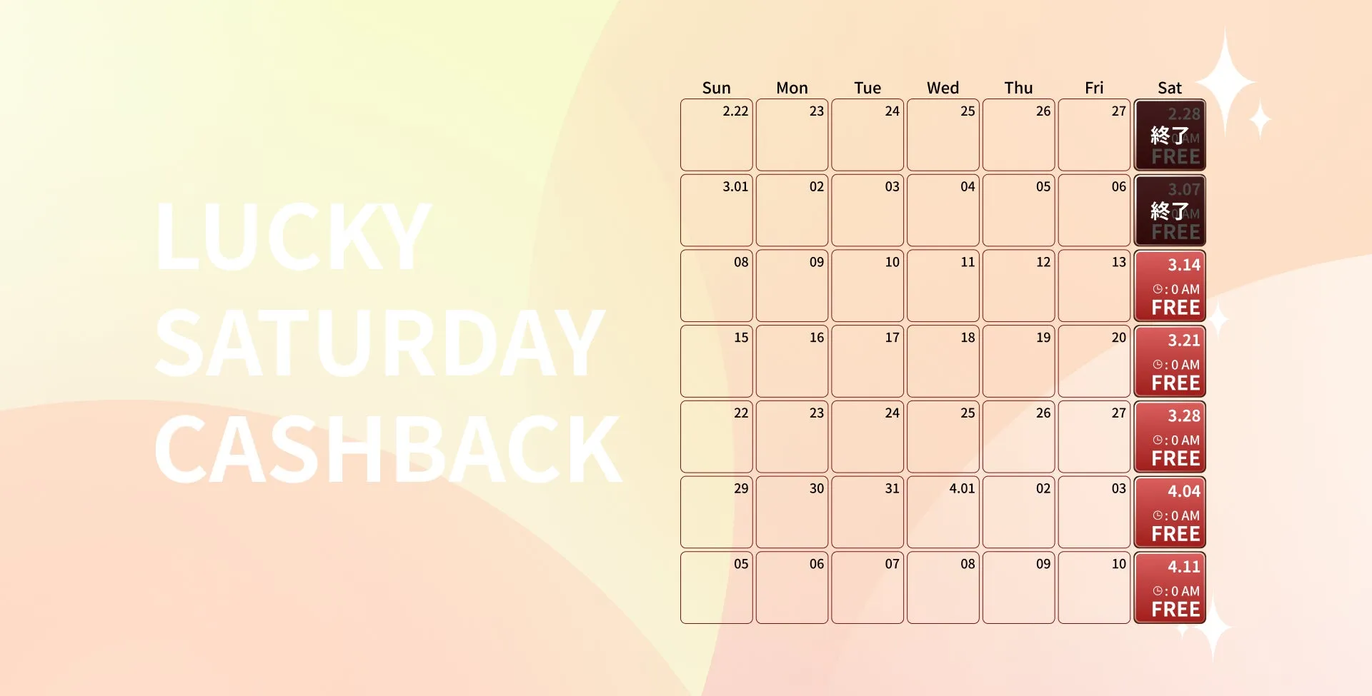 ラッキーサタデーキャッシュバックカレンダー