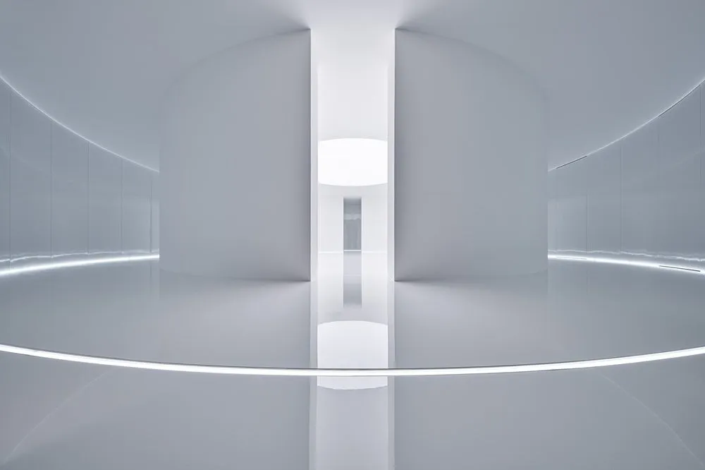 白く、未来的なデザインの空間。中央には明るい通路があり、両側には壁がカーブを描いている。床は反射性が高く、光が全体に広がる。