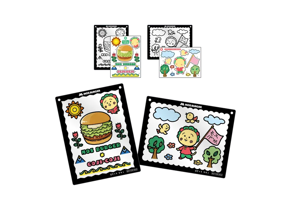 モスバーガーのキャラクターであるコジコジが描かれた、塗り絵とステッカーのセット