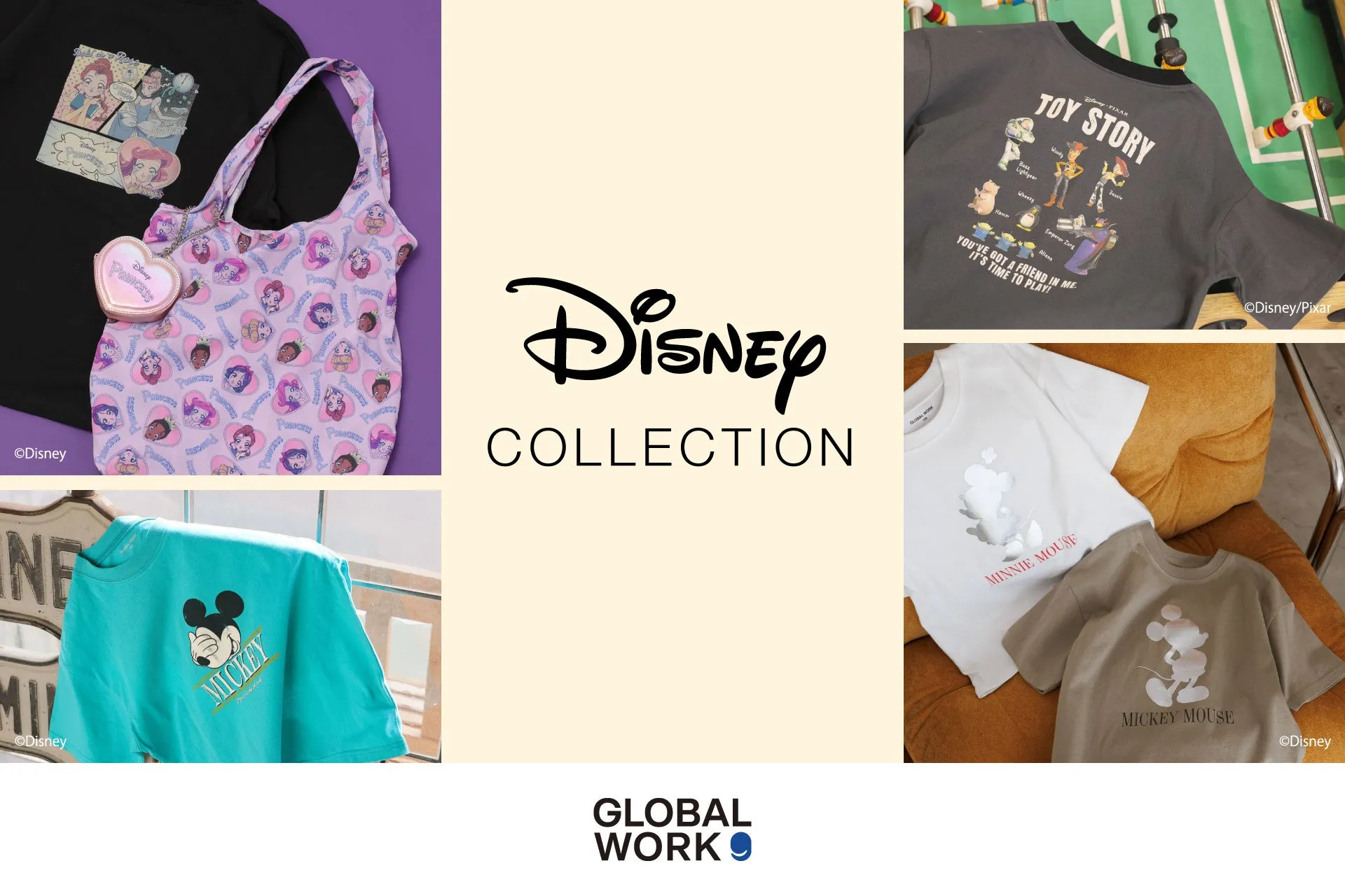 ディズニーコレクションのTシャツ、バッグ、雑貨などの写真です。ミッキーマウス、ミニーマウス、プリンセス、トイストーリーなどのキャラクターがデザインされています。
