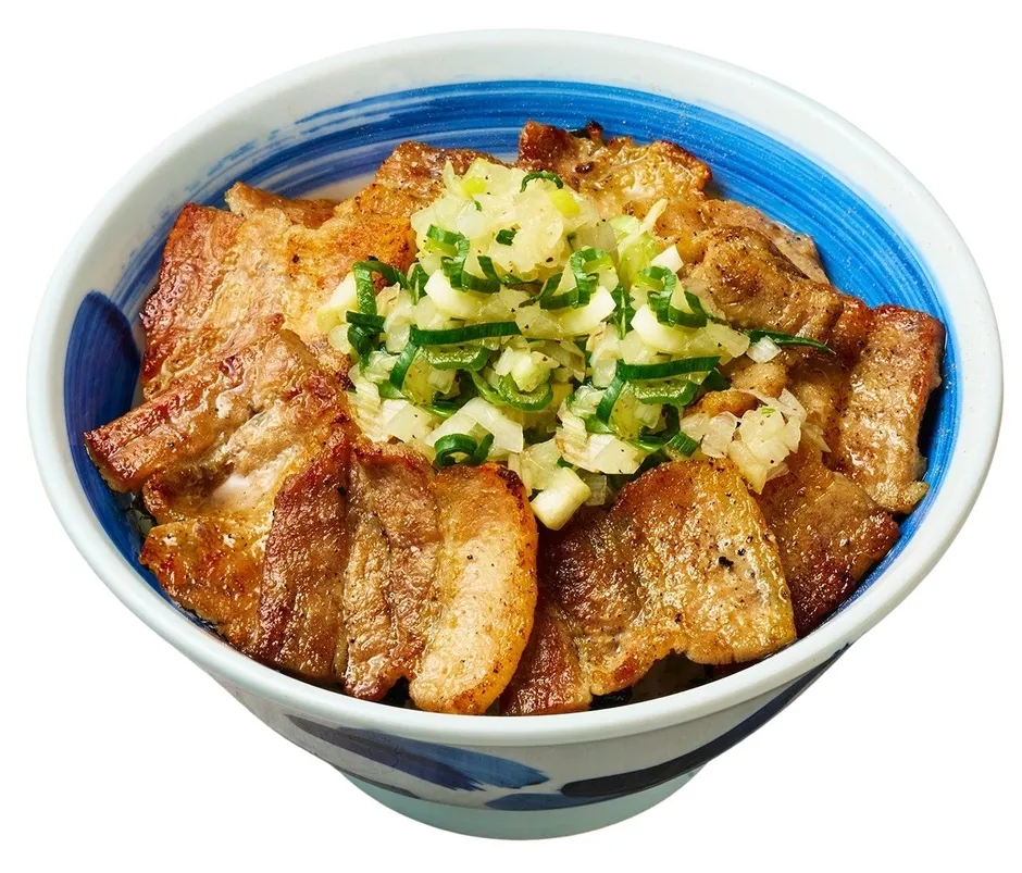 豚肉の丼物。豚肉は焼かれており、ネギと玉ねぎがトッピングされている。丼は青と白のデザイン。