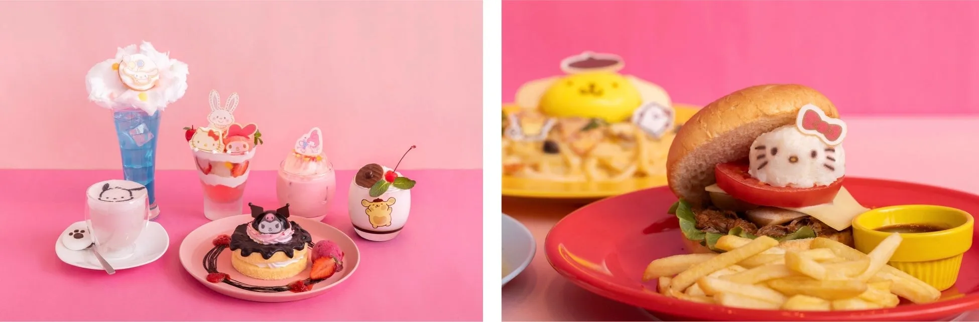ピンク色の背景に、キャラクターをモチーフにした様々なデザートや料理が並んでいます。左側には、キャラクターラテ、パフェ、ケーキ、ドリンクがあり、右側には、パスタとハンバーガーがあります。