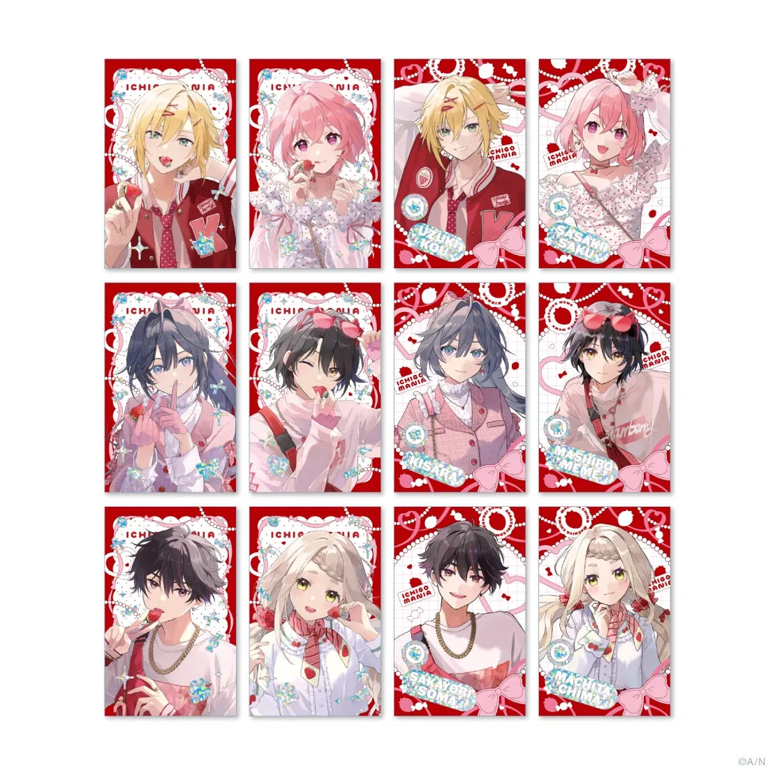 いちごのテーマのキャラクターが描かれたカードのセット。各カードには異なるキャラクターが描かれており、それぞれがイチゴと関連したアイテムを持っている.