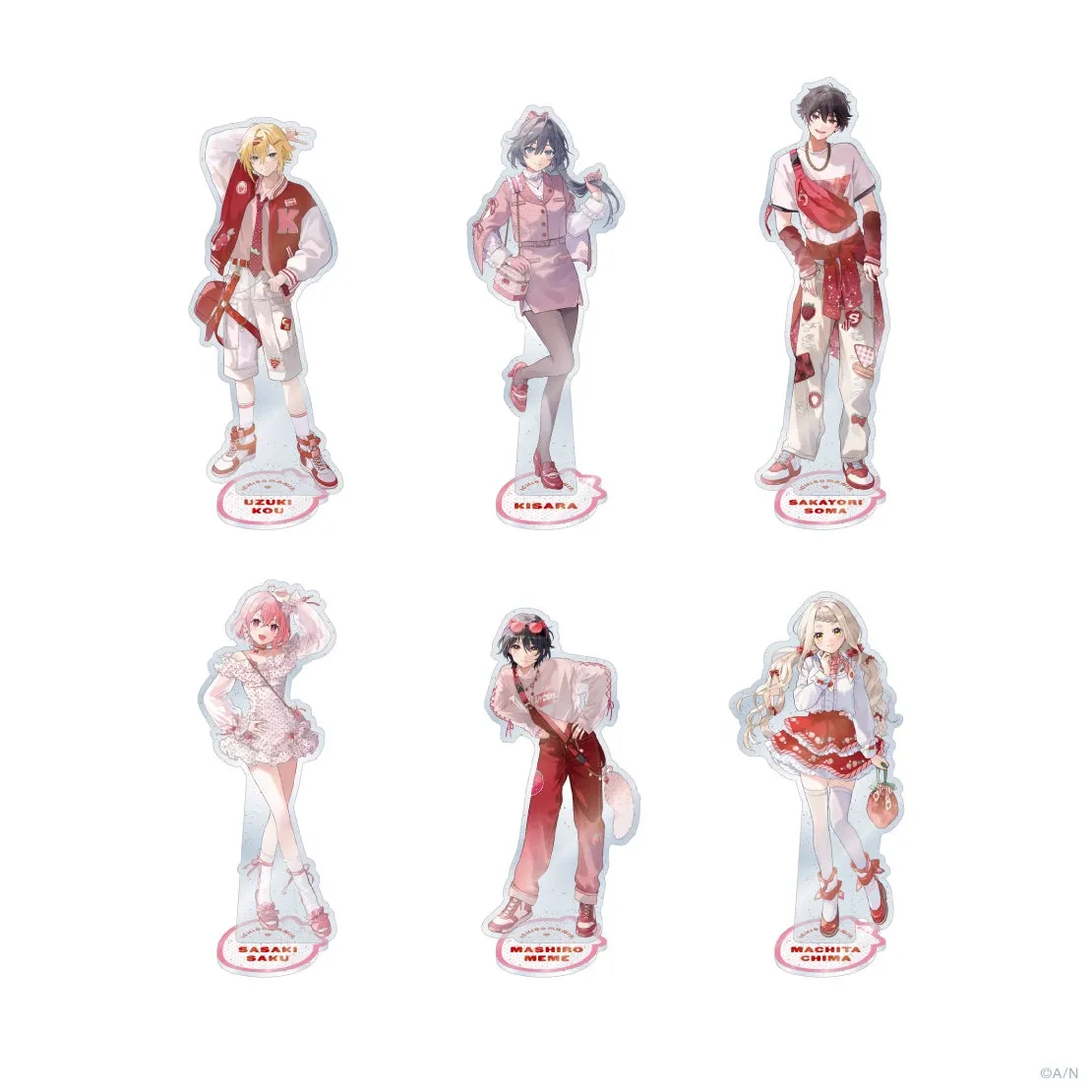 キャラクターのイラストが描かれたアクリルスタンドの画像です。6人のキャラクターがそれぞれ異なる服装とポーズで描かれています.