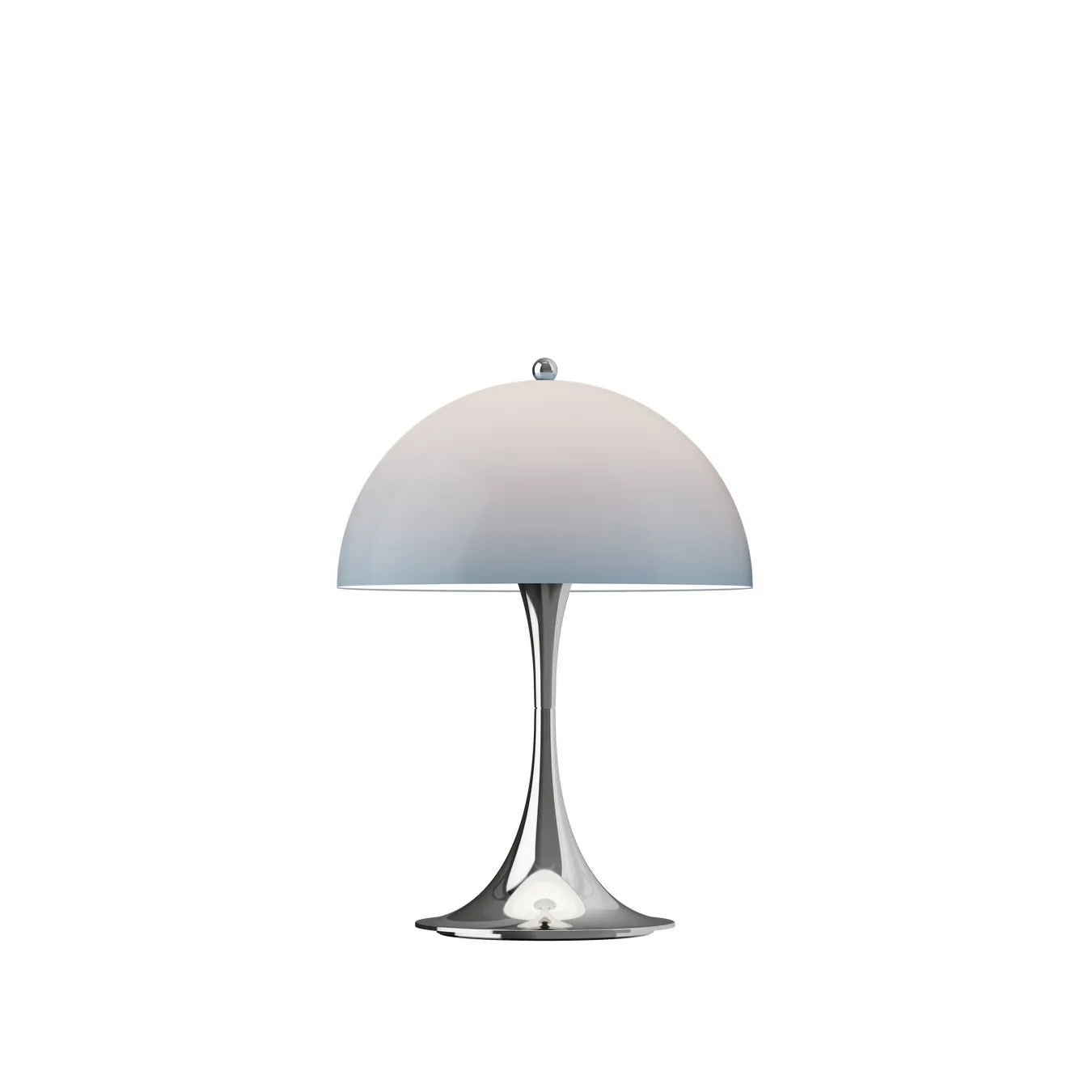 白いドーム型のシェードと、光沢のあるシルバーのベースを持つテーブルランプ