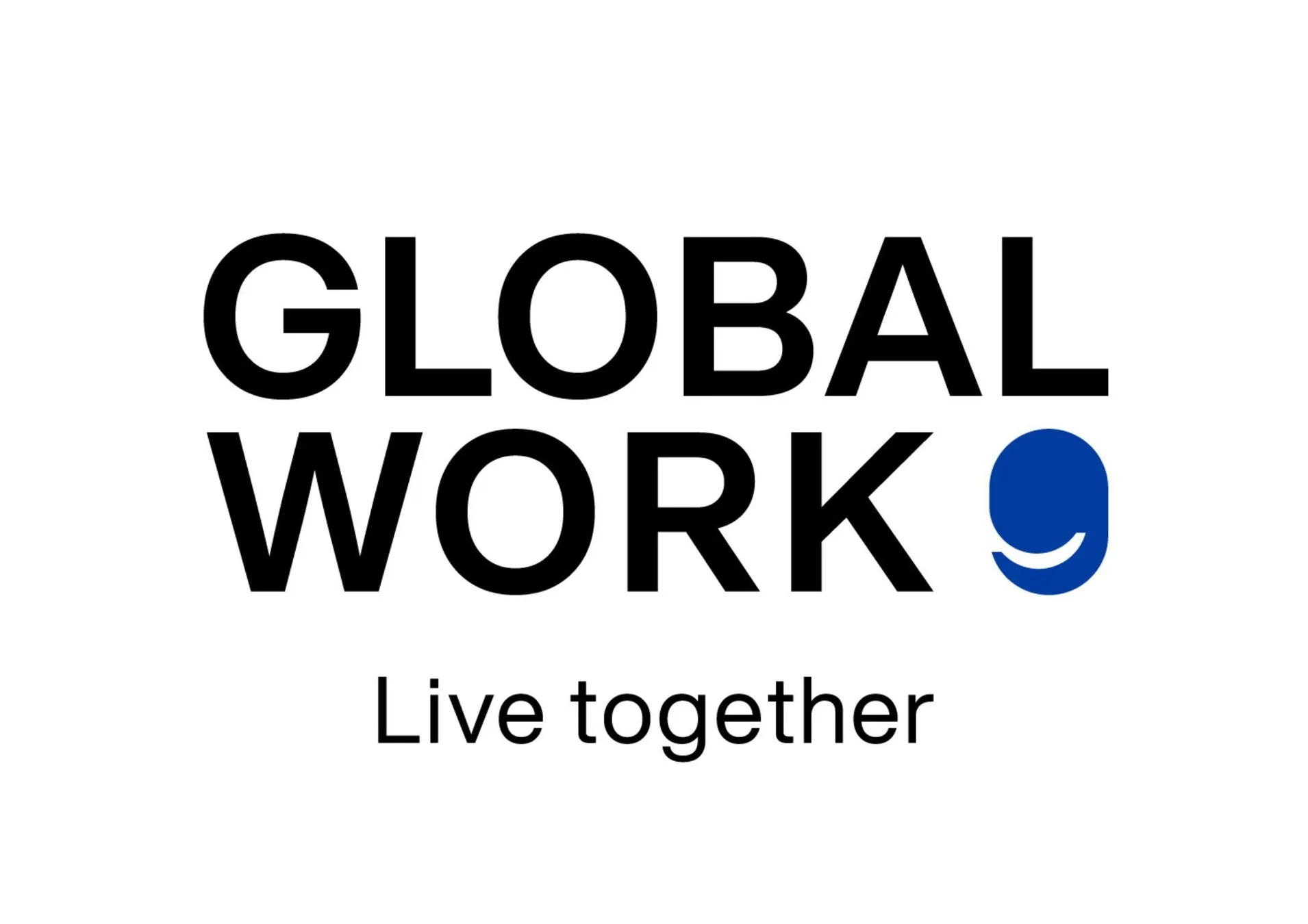 白地に、黒で「GLOBAL WORK」の文字、その下に「Live together」と書かれたロゴ。右下には青色の丸に白い笑顔が描かれている。