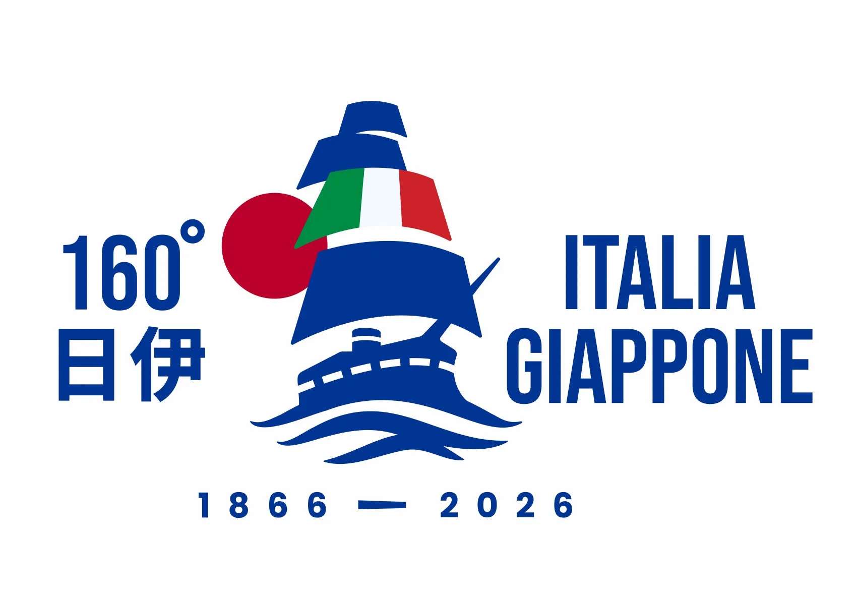 日本とイタリアの外交関係樹立160周年を記念するロゴマークです。1866年から2026年までの期間を示し、両国の国旗を模した船のイラストが特徴です。